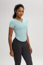 The Slim Fit V-Neck Athleisure Ruched T-Shirt with Built-In Pads