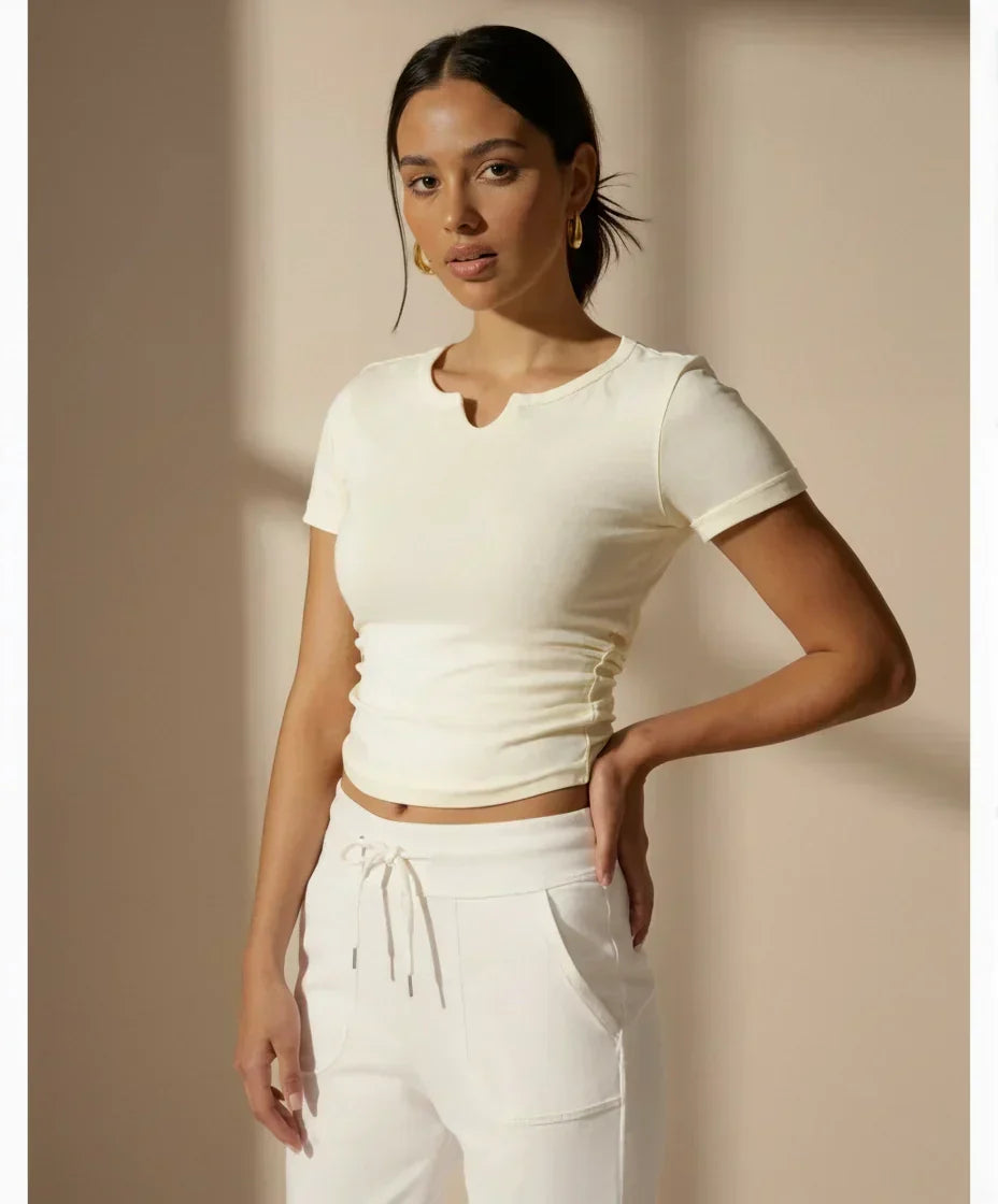 The Slim Fit V-Neck Athleisure Ruched T-Shirt with Built-In Pads