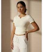 The Slim Fit V-Neck Athleisure Ruched T-Shirt with Built-In Pads