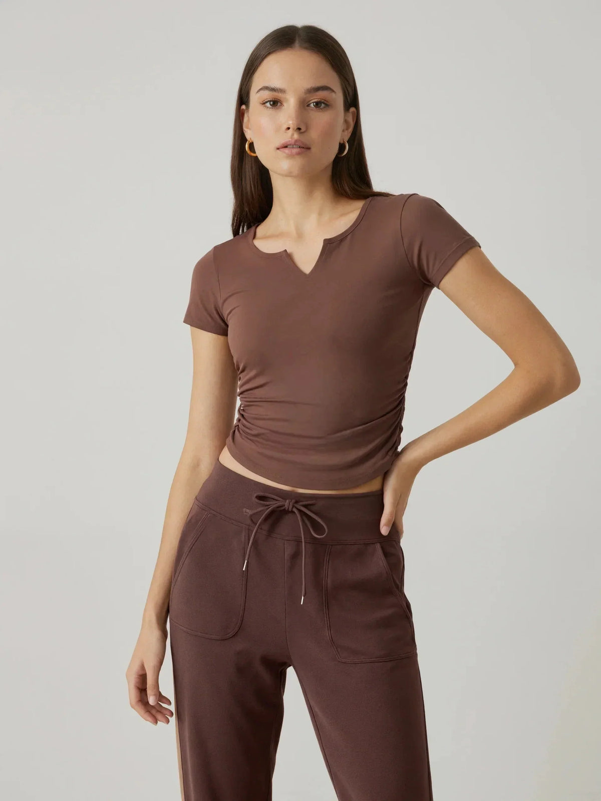 The Slim Fit V-Neck Athleisure Ruched T-Shirt with Built-In Pads