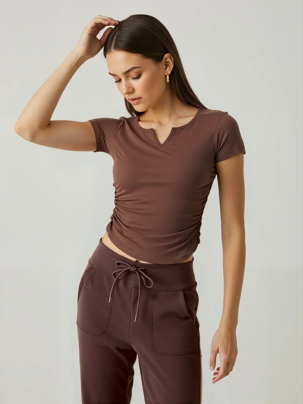 The Slim Fit V-Neck Athleisure Ruched T-Shirt with Built-In Pads