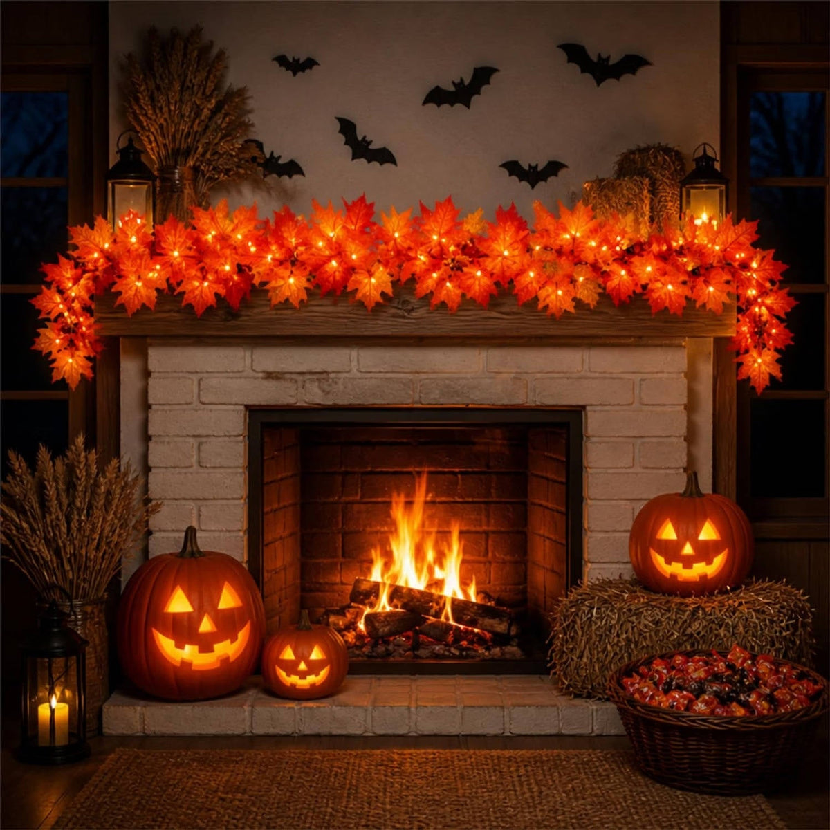 Halloween's 9FT Fall Garland with 50 Orange Lights for Indoor/Outdoor Decor