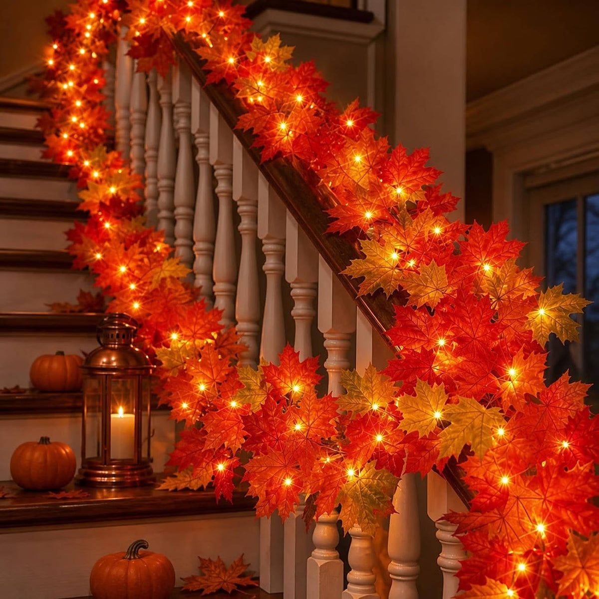 Halloween's 9FT Fall Garland with 50 Orange Lights for Indoor/Outdoor Decor