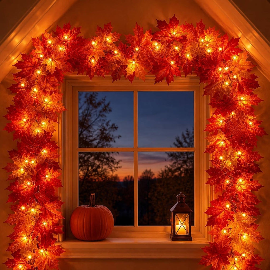 Halloween's 9FT Fall Garland with 50 Orange Lights for Indoor/Outdoor Decor
