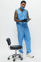 Halloween's Men's Blue Medical Scrub Costume Set with V Neck Top and Pants