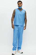 Halloween's Men's Blue Medical Scrub Costume Set with V Neck Top and Pants