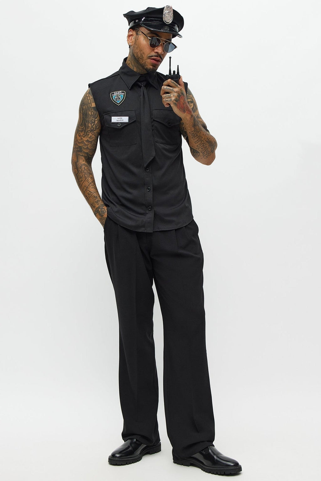 Halloween's Men's Black Officer Costume Shirt and Hat Set