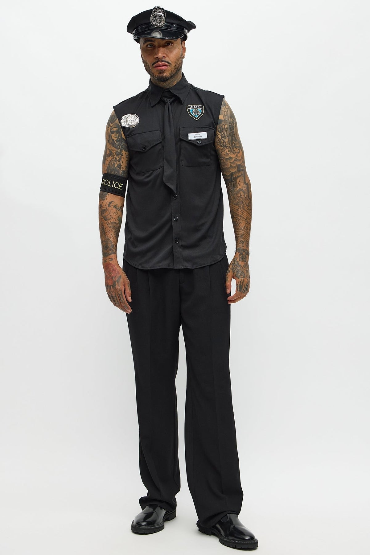 Halloween's Men's Black Officer Costume Shirt and Hat Set
