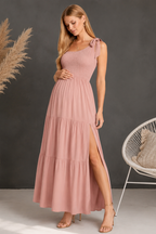 Maternity Maxi Dress Sleeveless One Shoulder Baby Shower Pregnancy Dress with Side Slit